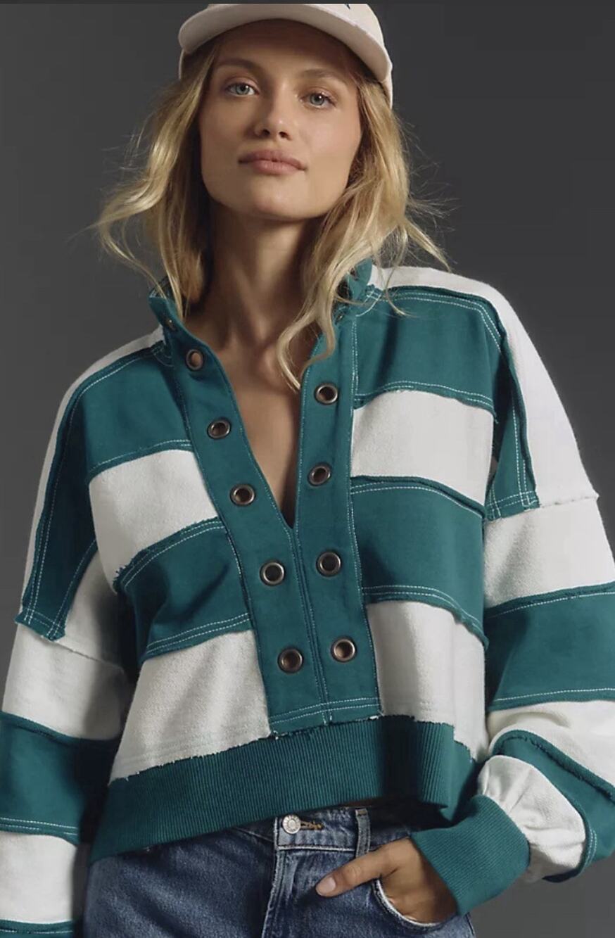 Anthropologie Pilcro The Kamrie Pieced Popover Stripped Teal White Size Medium